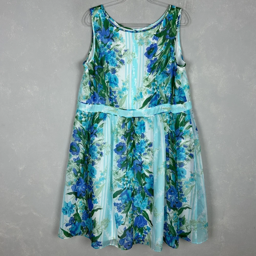 Talbots midi dress size 16W sleeveless fit & flare blue floral chiffon lined - Picture 8 of 11